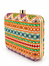 Multicolor square clutch bag by THE TAN CLAN featuring a vibrant geometric pattern and a compact, stylish design.