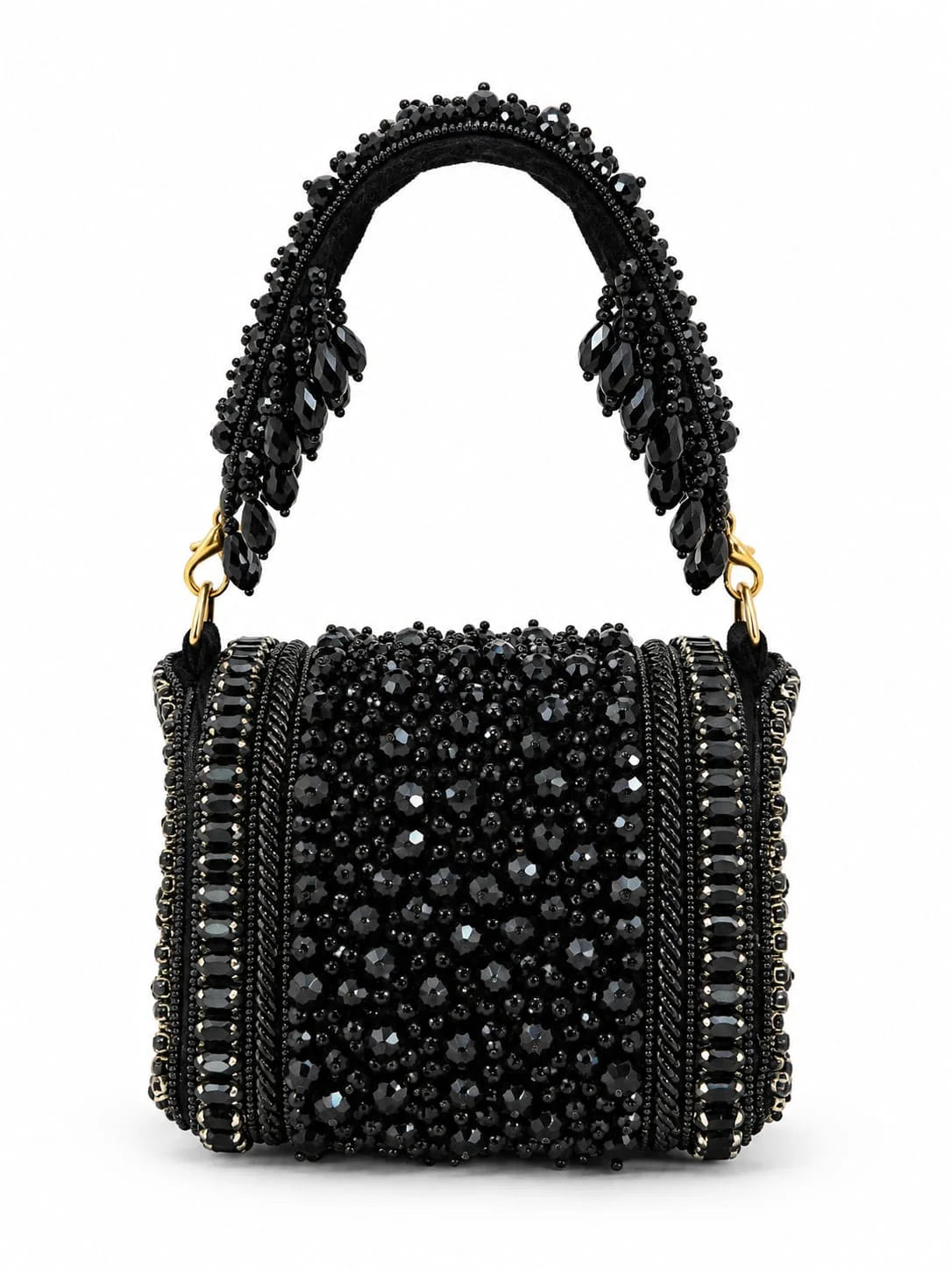 Zeenat black beaded mini flap bag by THE TAN CLAN featuring intricate beadwork and a compact design with a flap closure.