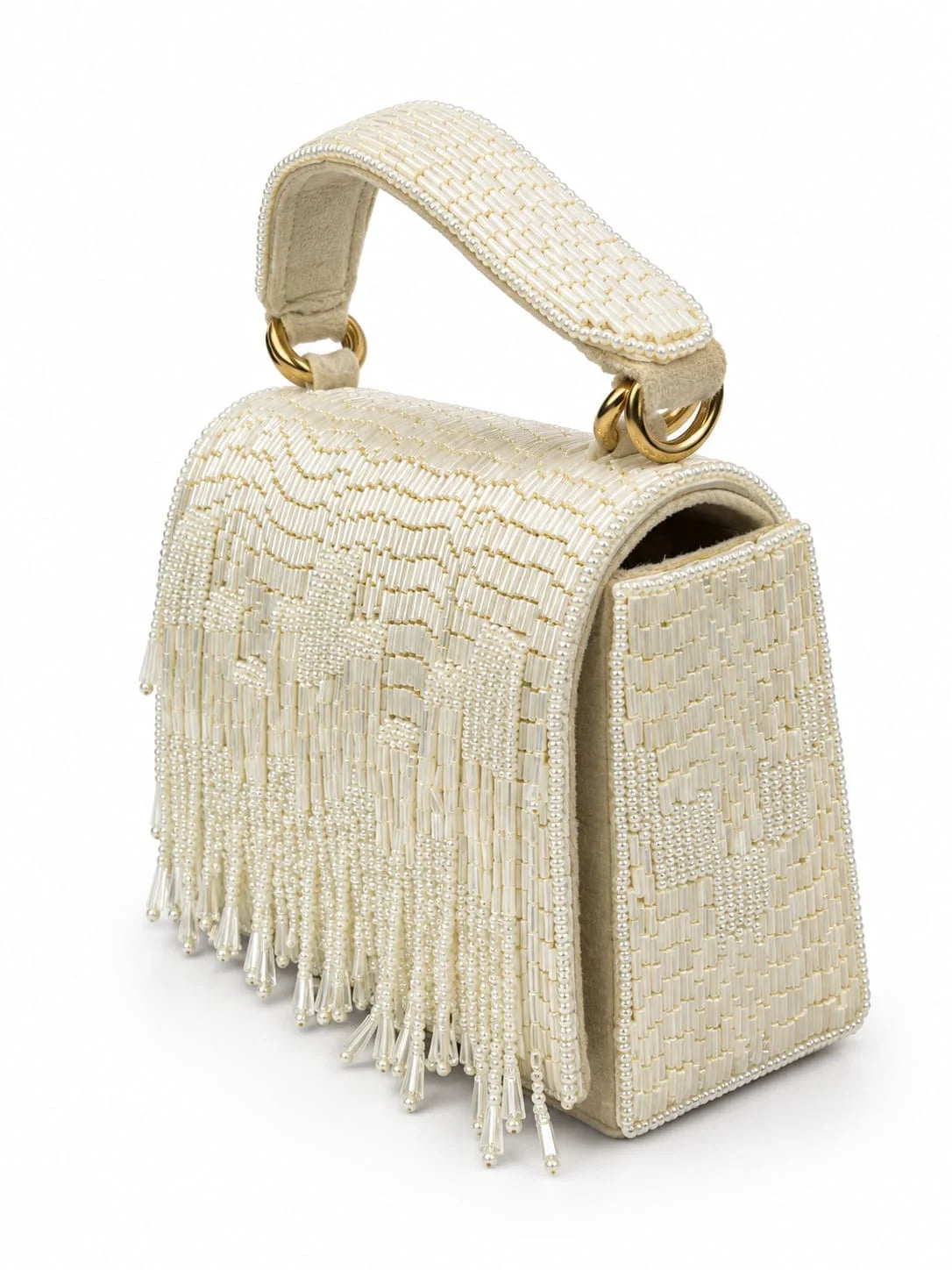 White handcrafted beaded tasselled bag with intricate detailing, designed by THE TAN CLAN.
