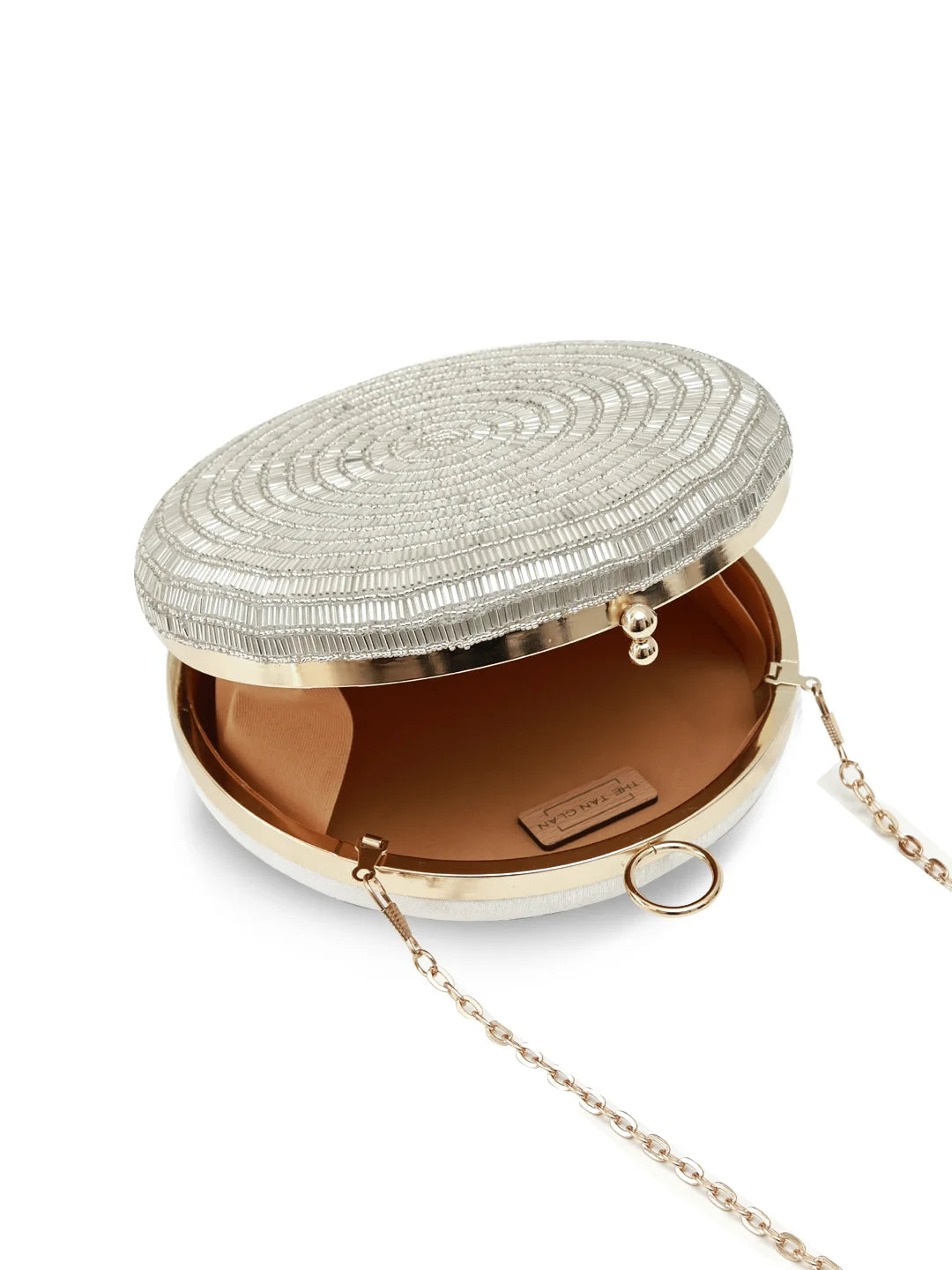Silver beaded clutch with gold chain on a white background