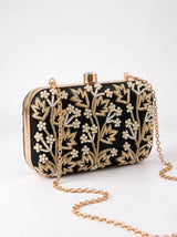 Shehnaaz black embroidered box clutch by THE TAN CLAN with intricate embroidery and sleek design for evening occasions.