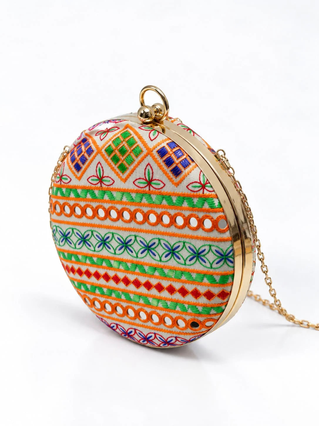 Multicolor round clutch bag by THE TAN CLAN featuring vibrant patterns and a compact, stylish design for versatile occasions.