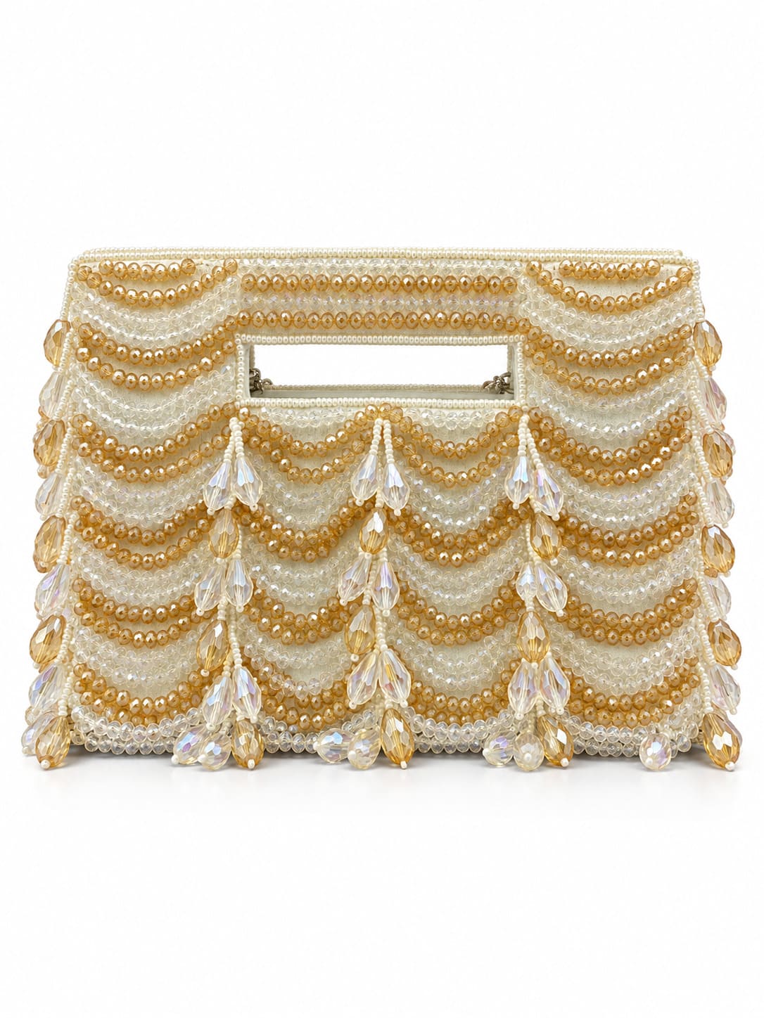 Lara White Handcrafted Beaded Bag by THE TAN CLAN with intricate beadwork and a compact, stylish design.