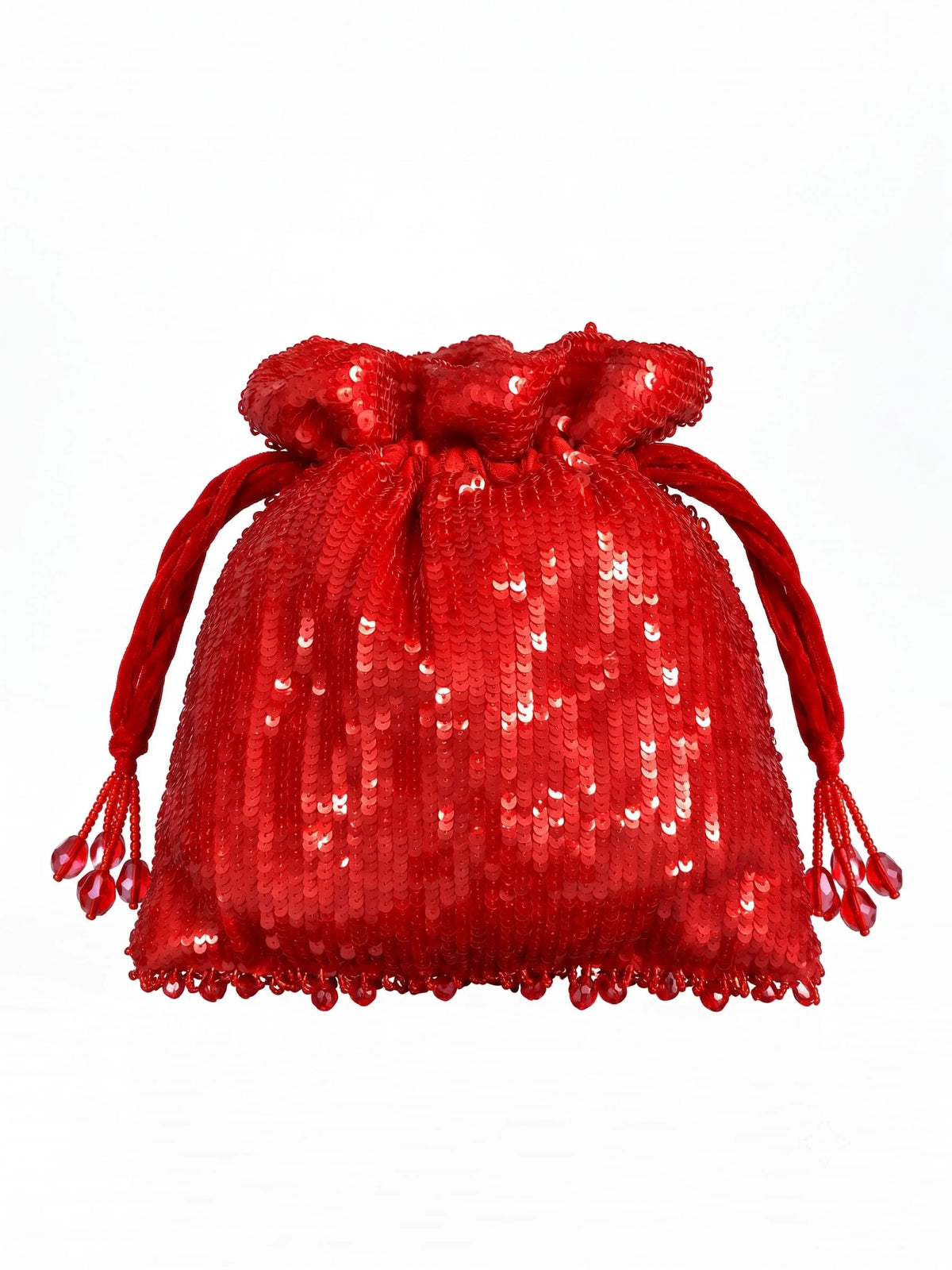 Red sequined tasselled potli bag by THE TAN CLAN featuring intricate embroidery and decorative tassels for festive occasions.