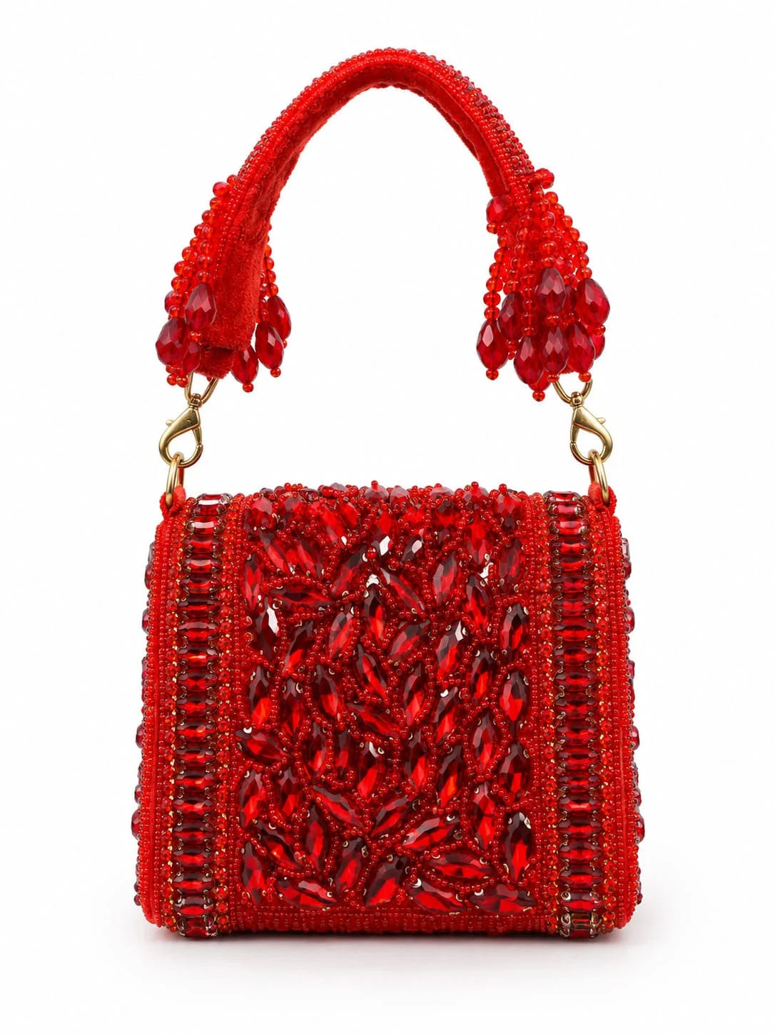 Red beaded mini flap bag by THE TAN CLAN with intricate beadwork and a compact design, perfect for stylish accessories.