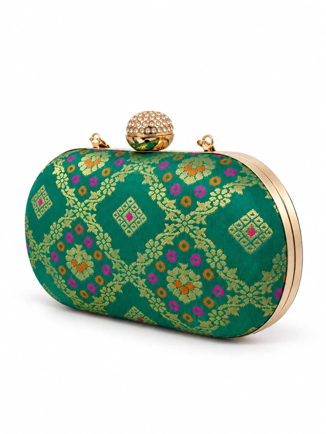 Light green oval clutch by THE TAN CLAN featuring a sleek design and compact size for elegant occasions.