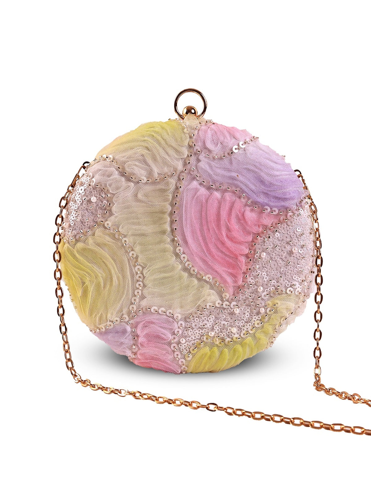 Aqua lavender round clutch purse with a textured surface, featuring a gold clasp closure and compact design.