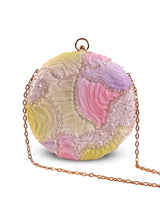 Aqua lavender round clutch purse with a textured surface, featuring a gold clasp closure and compact design.