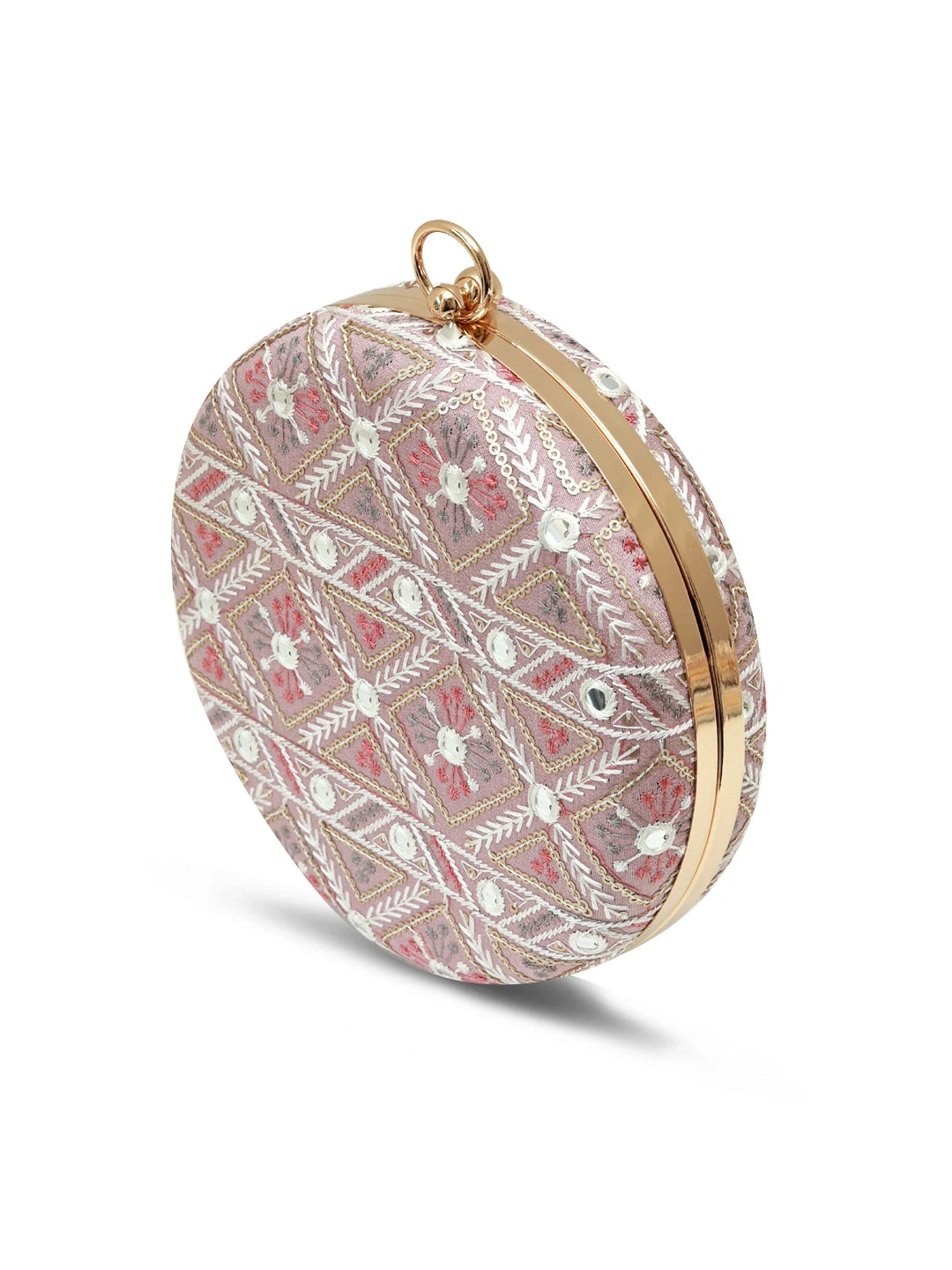 Pink round clutch bag from The Tan Clan with a smooth surface and compact design, perfect for evening or casual outings.