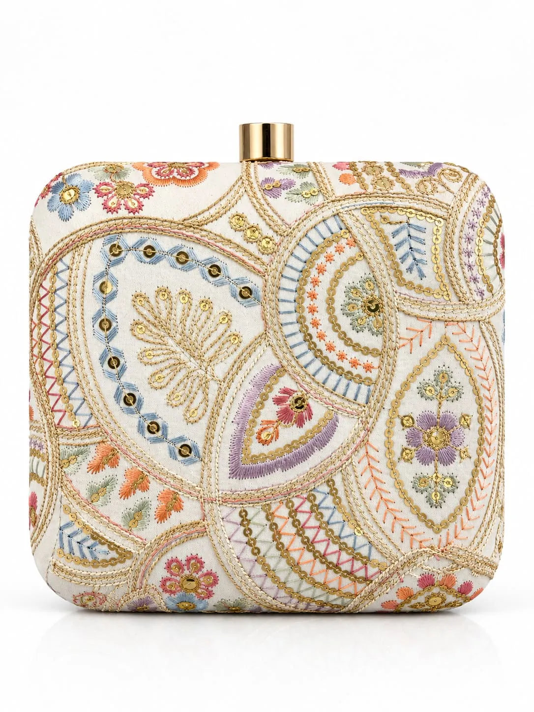 Resham square embroidered clutch by THE TAN CLAN featuring intricate embroidery and a sleek design for elegant occasions.