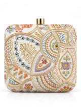 Resham square embroidered clutch by THE TAN CLAN featuring intricate embroidery and a sleek design for elegant occasions.
