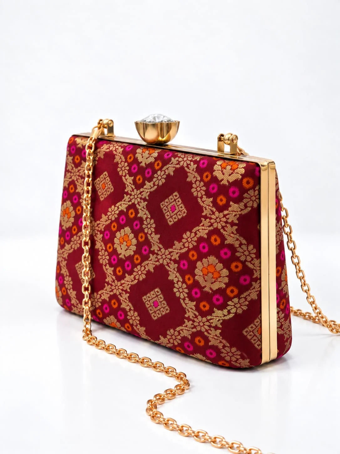 Mahi Red Casket Clutch by THE TAN CLAN, stylish rectangular evening bag with a textured finish and gold clasp detail.