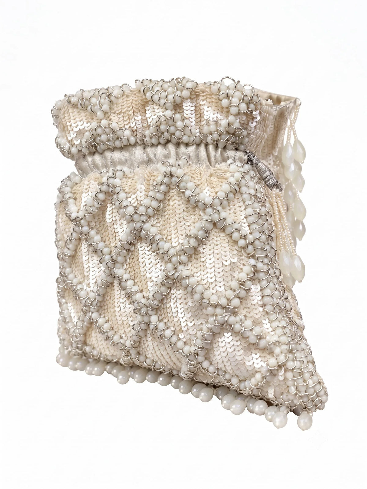 Rooh White Sequined Tasselled Potli bag by THE TAN CLAN featuring white sequins and decorative tassels for special occasions.