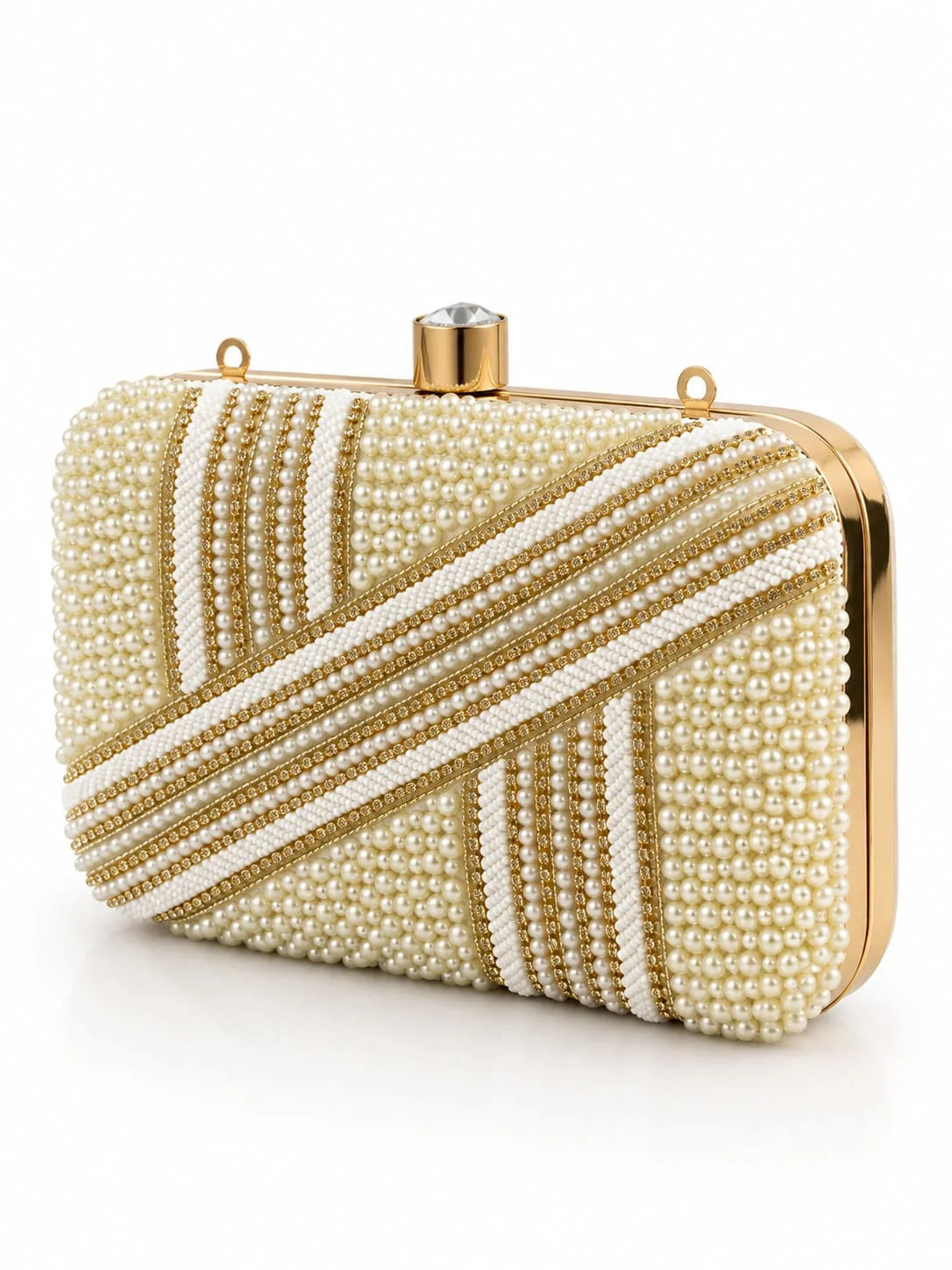 Zara Pearl Box Clutch by THE TAN CLAN, elegant rectangular purse with pearl embellishments and a silver chain strap.