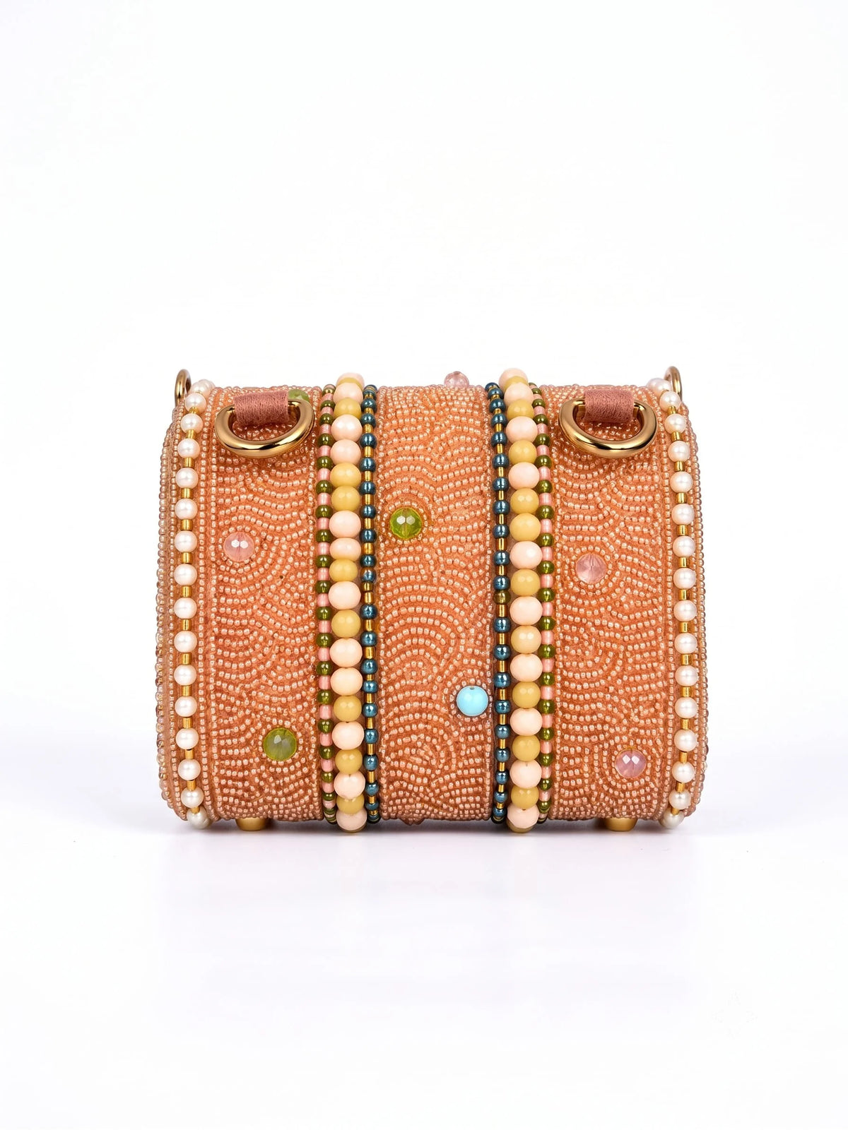 Hand-embroidered mini flap bag in peach with intricate embroidery, by THE TAN CLAN, showcasing detailed craftsmanship and vibrant color.
