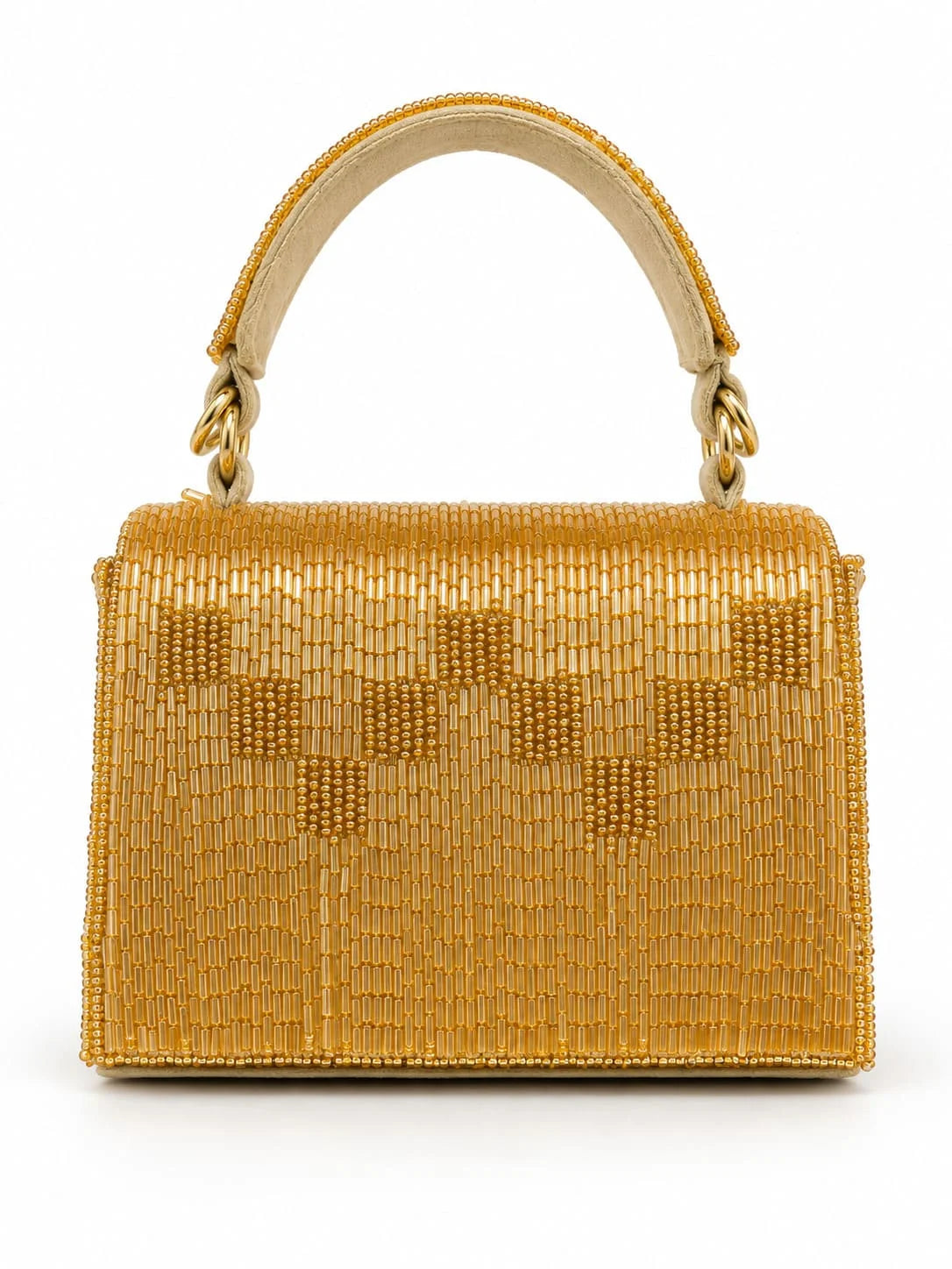 Maria Gold handcrafted beaded tasselled bag by THE TAN CLAN with intricate beadwork and a tassel detail.