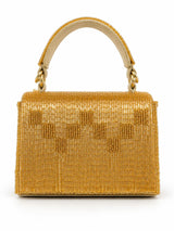 Maria Gold handcrafted beaded tasselled bag by THE TAN CLAN with intricate beadwork and a tassel detail.