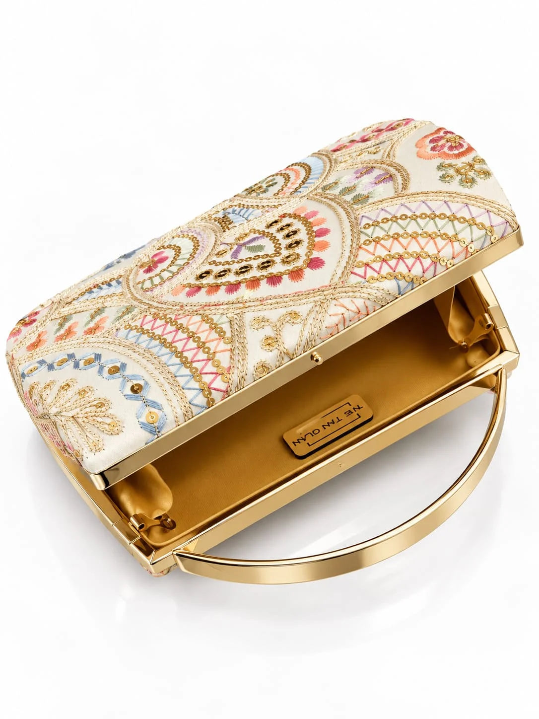 Resham capsule embroidered clutch bag with intricate designs, crafted by THE TAN CLAN, featuring vibrant embroidery and compact size.
