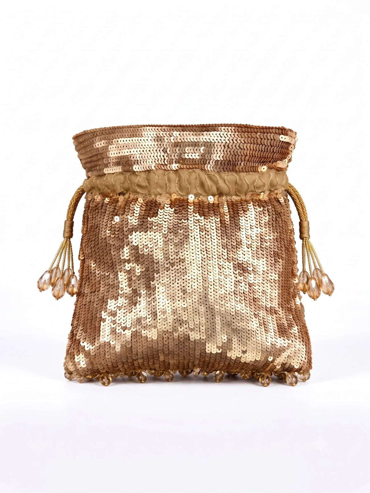 Gold sequined tasselled potli bag with intricate embroidery and hanging tassels, stylish and festive accessory by THE TAN CLAN