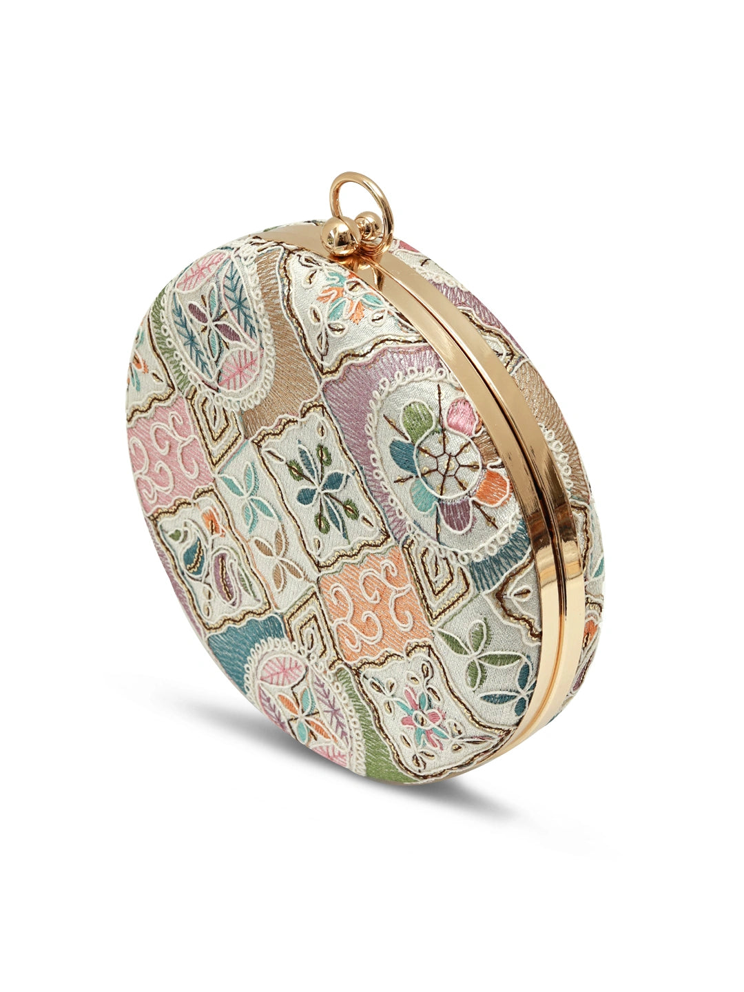 Mughal Round Clutch by The Tan Clan featuring intricate floral embroidery and a circular shape with a gold clasp.