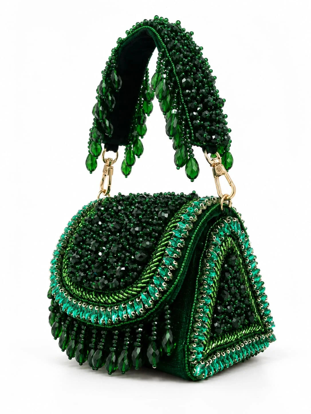 Zeenat Green Beaded Mini Flap bag by THE TAN CLAN with intricate beadwork and compact design, perfect for stylish accessories.