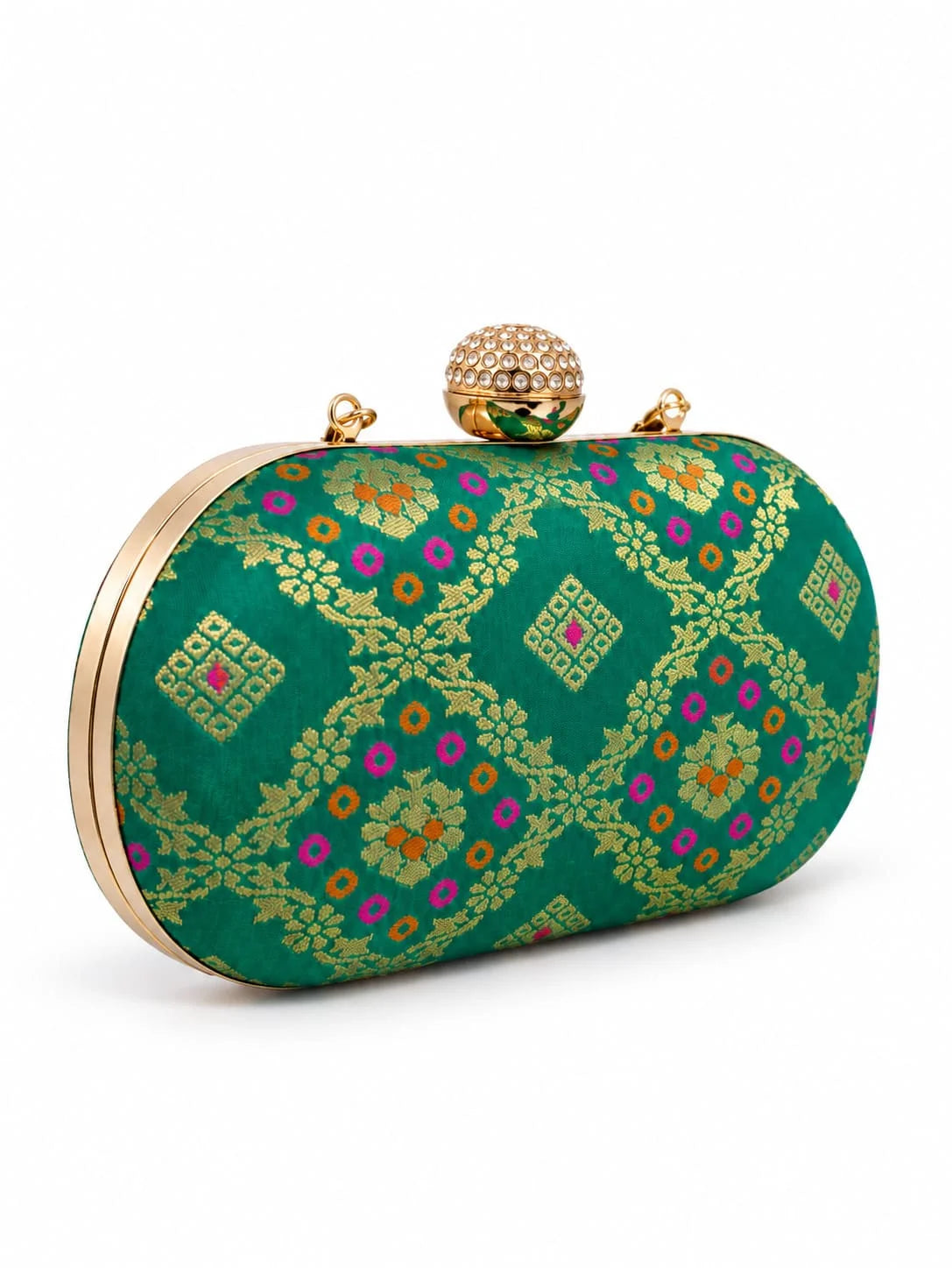 Light green oval clutch bag from THE TAN CLAN with a sleek, minimalist design and textured surface.