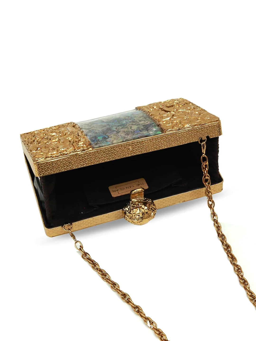 Gold clutch bag with chain strap on a white background