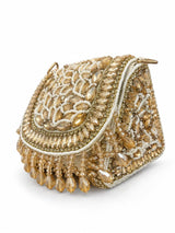 Zeenat Gold Beaded Mini Flap handbag with intricate beadwork and compact design, stylish accessory from THE TAN CLAN.