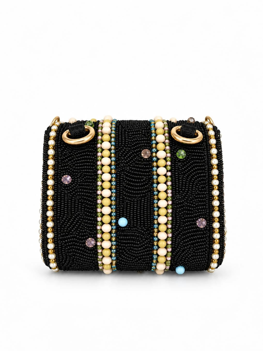 Black hand-embroidered mini flap bag by THE TAN CLAN with intricate embroidery and compact design.