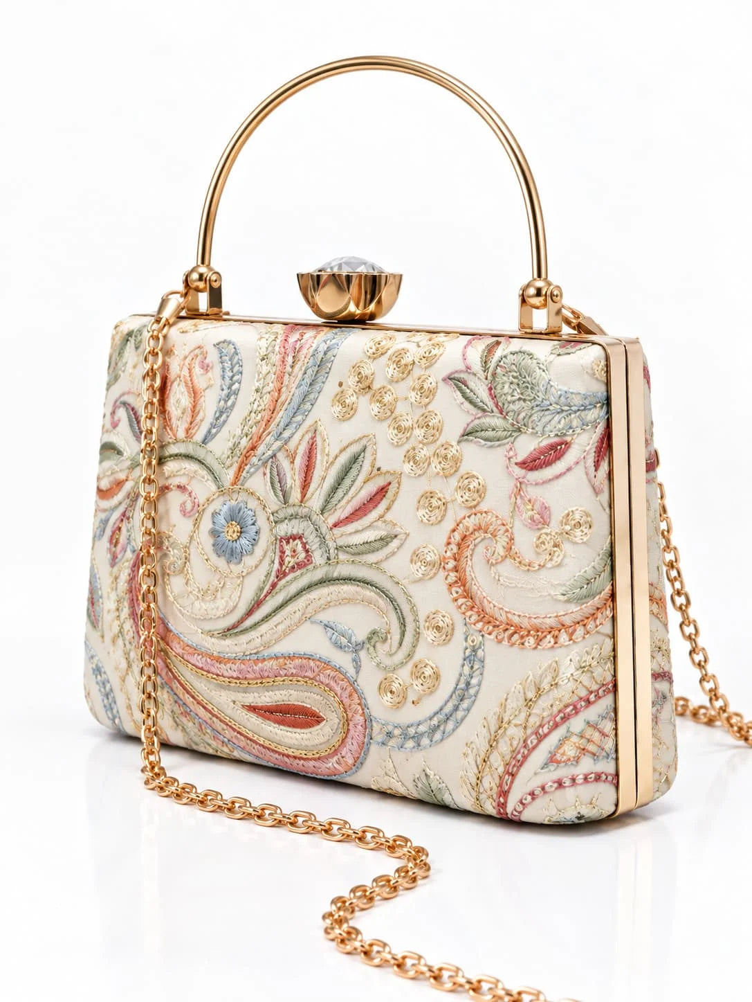 Kalki Casket embroidered clutch by THE TAN CLAN featuring intricate embroidery and elegant design for special occasions.