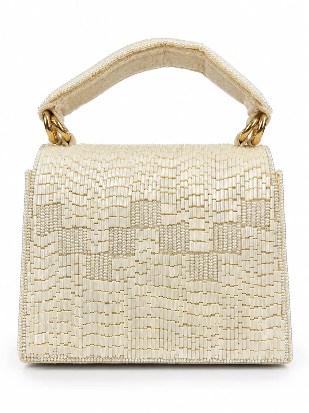 Maria White handcrafted beaded tasselled bag by THE TAN CLAN, featuring intricate beadwork and a stylish tassel design.