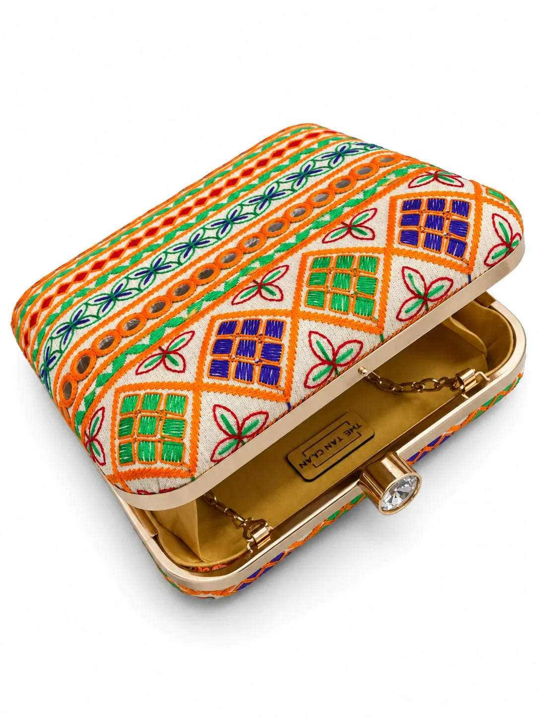 Multicolor square clutch bag by THE TAN CLAN featuring vibrant geometric patterns and a sleek design.