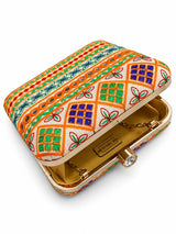 Multicolor square clutch bag by THE TAN CLAN featuring vibrant geometric patterns and a sleek design.