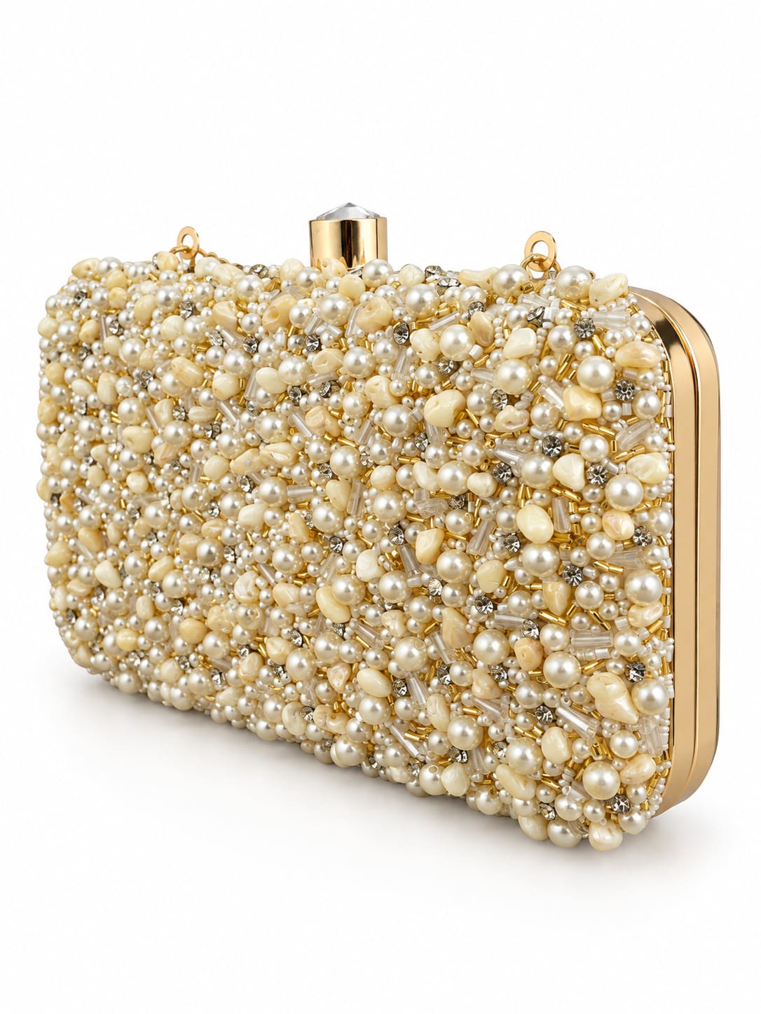 Kate Pearl Box Clutch by THE TAN CLAN featuring a sleek pearl-embellished rectangular design and elegant clasp closure.