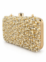 Kate Pearl Box Clutch by THE TAN CLAN featuring a sleek pearl-embellished rectangular design and elegant clasp closure.