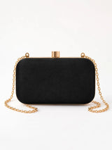 Shehnaaz black embroidered box clutch by THE TAN CLAN showing intricate embroidery and a sleek, compact design.