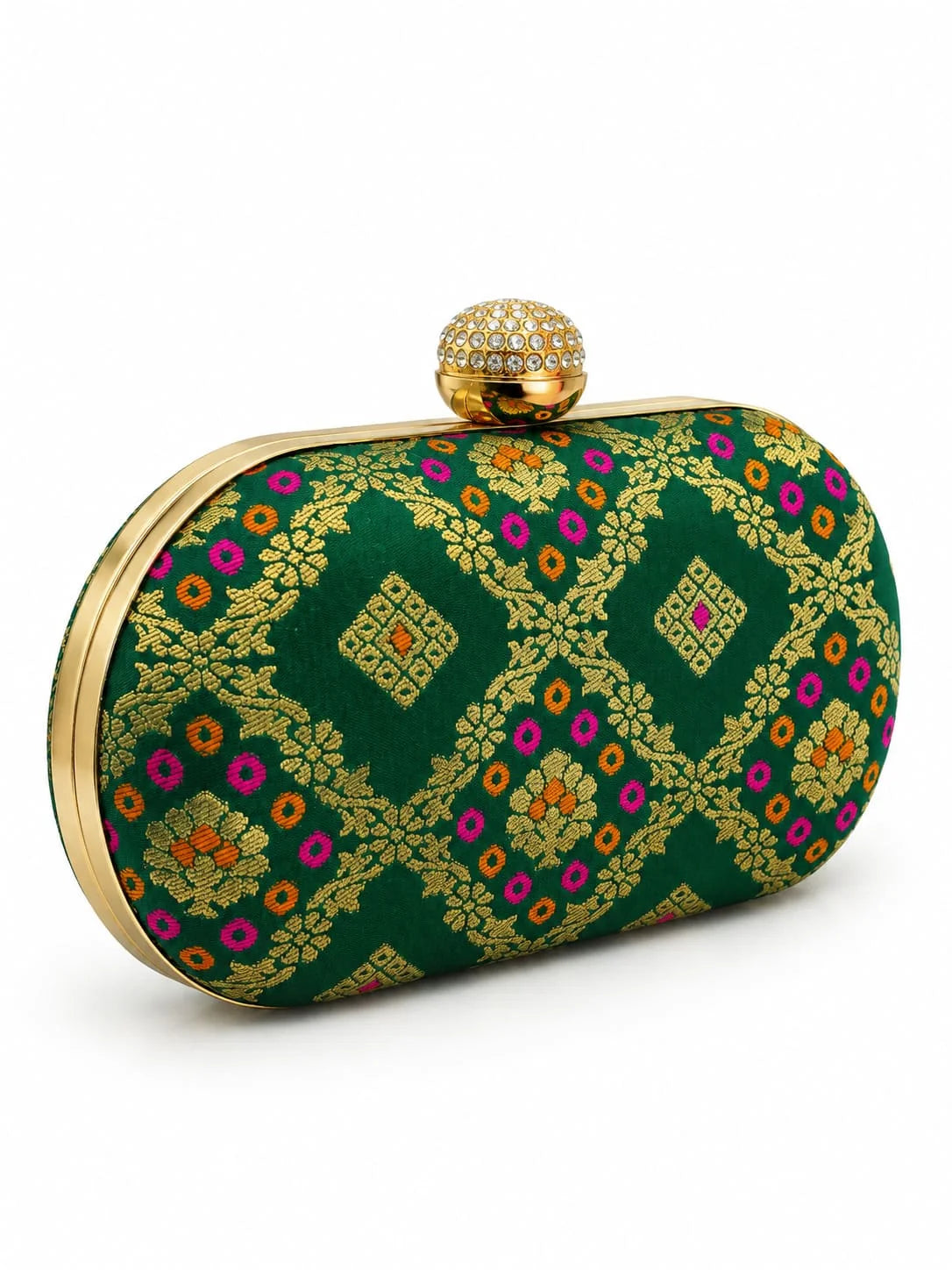 Dark green oval clutch bag by THE TAN CLAN featuring a sleek, polished surface and compact design.