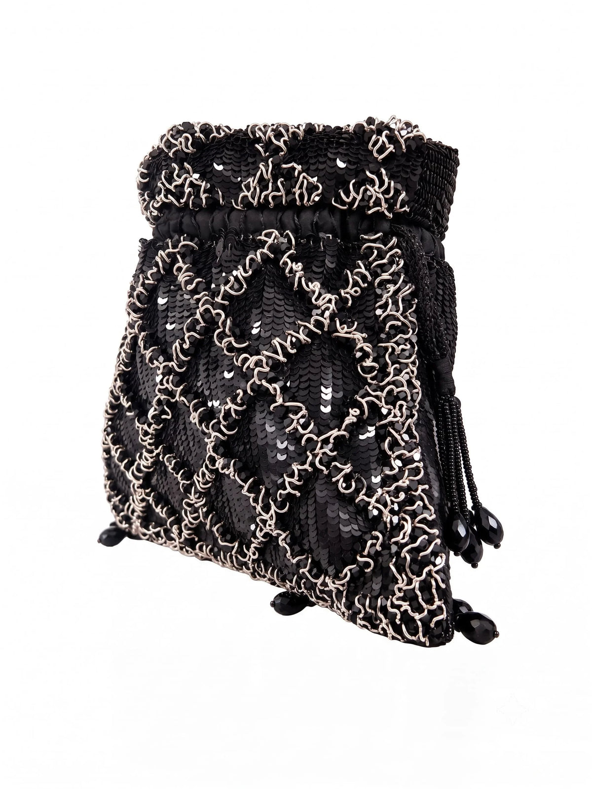 Black sequined tasselled potli bag by THE TAN CLAN featuring intricate beadwork and a decorative tassel closure.