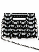 Lara Black Handcrafted Beaded Bag by THE TAN CLAN showing intricate beaded design and compact size.