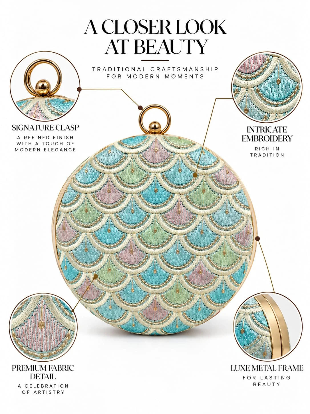 Veda round embroidered clutch by THE TAN CLAN with intricate embroidery and a compact, stylish design for evening use.