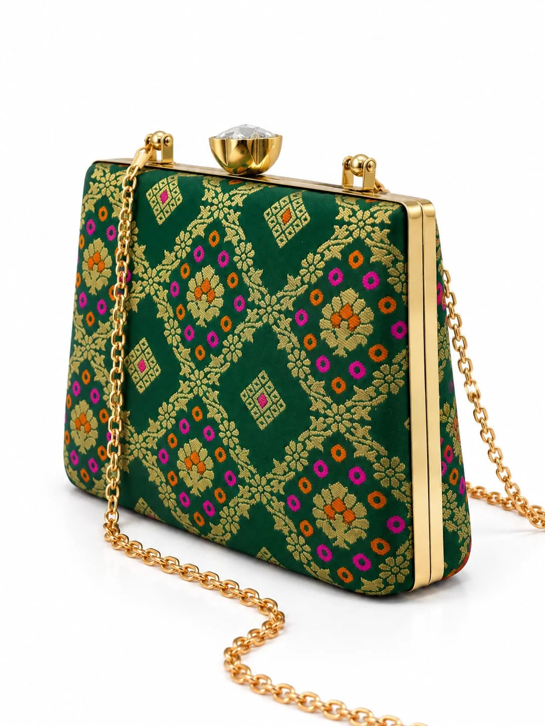 Dark green Mahi casket clutch by THE TAN CLAN featuring a sleek, structured design with a gold clasp and elegant finish.