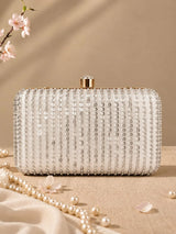 Silver embroidered Glitty box clutch by THE TAN CLAN featuring intricate embroidery and a sleek rectangular shape.
