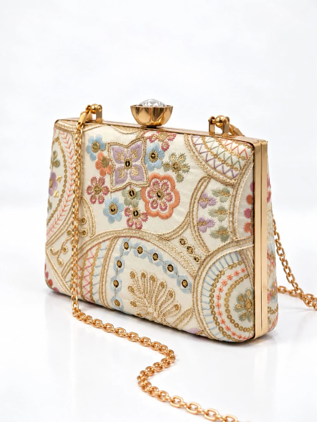 Resham casket embroidered clutch by THE TAN CLAN featuring intricate embroidery and a compact, elegant design.