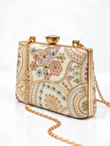 Resham casket embroidered clutch by THE TAN CLAN featuring intricate embroidery and a compact, elegant design.