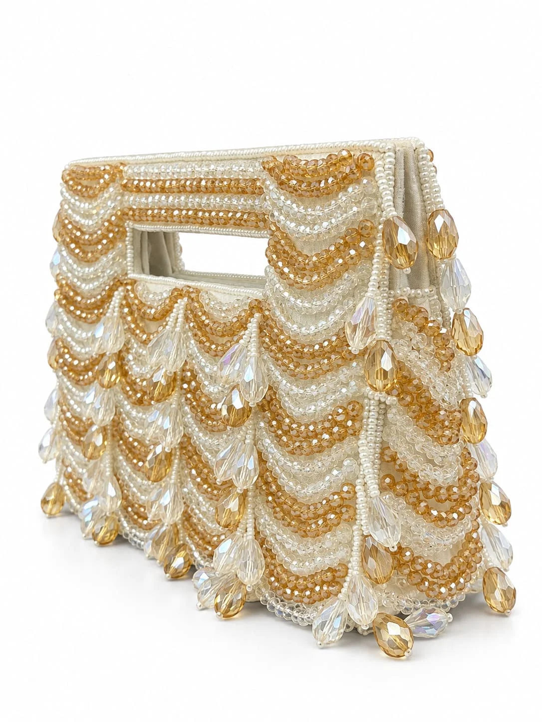 Lara White Handcrafted Beaded Bag by THE TAN CLAN featuring intricate beadwork and a compact, stylish design.