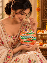 Multicolor round clutch bag by THE TAN CLAN featuring vibrant patterns and a compact design for stylish accessories.