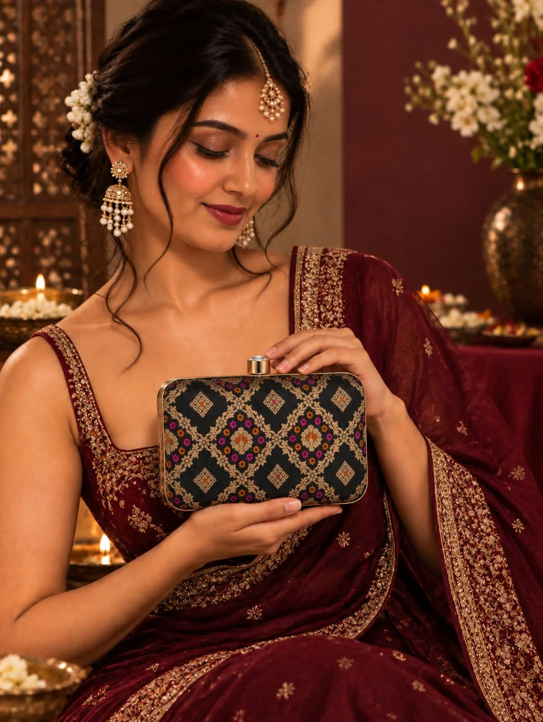 Mahi Black Box Clutch by THE TAN CLAN, sleek rectangular evening bag with gold accents and a textured surface.