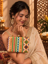 Multicolor Satrang casket clutch bag by THE TAN CLAN with intricate design and compact size for elegant occasions.