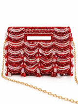 Lara Red Handcrafted Beaded Bag by THE TAN CLAN featuring intricate beaded design and compact size for stylish carry.