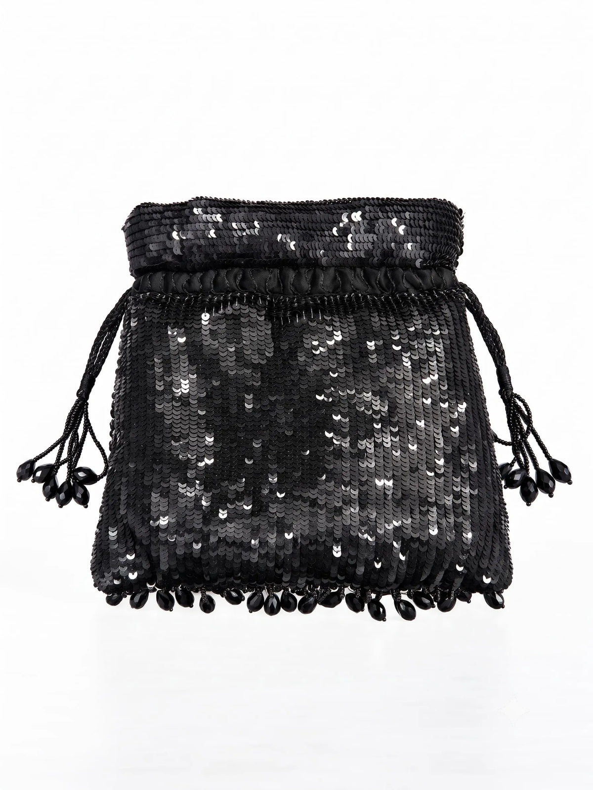 Black sequined tasselled potli bag by THE TAN CLAN with intricate detailing and decorative tassels for traditional and festive occasions.